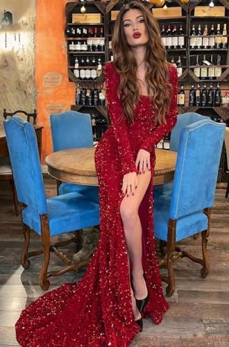 Womens Sequin Mermaid Prom Dresses with Slit Ruched Square Neck Long Sleeve Formal Evening Gowns WO0684