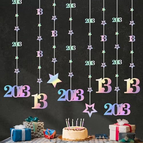Image of Eucutur Iridescent 13th Birthday Decorations for Girls Boys, Pre-Strung Glitter Twinkle Number Vintage 2013 13 Years Old Hanging Streamer Banner Party Supplies, Happy Thirteen Official Teenager Decor