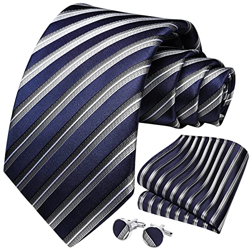 Image of HISDERN Mens Ties Set Stripe Plaid Ties for Men and Pocket Square Cufflinks Formal Silk Necktie Wedding Business