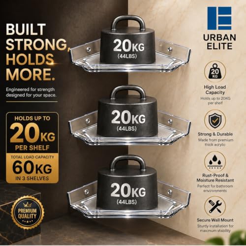 Image of Urban Elite Acrylic Bathroom Corner Shelf Set of 3 - Unbreakable Transparent Wall Mount Organizer (8 inch, 10 inch, 12 inch) | Rust-Proof, High Load Capacity Storage Rack for Bathroom, Kitchen & Home (Diamond)