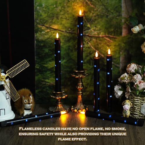 Image of kakoya Real Wax Flameless Taper Candles with Remote Timer,6 Pcs Taper Battery Operated Candle,9.6 Inches LED Candles with Embedded Star String for Home Decor Holiday Party,Black