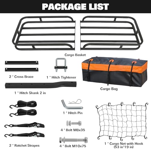 WEIZE Hitch Cargo Carrier for SUV, Truck - 53x19 Inches, 500LB Capacity, with Waterproof Bag, Net, Strap, Tightener, Powder Coated for Durability, Easy Installation, for Camping and Travel