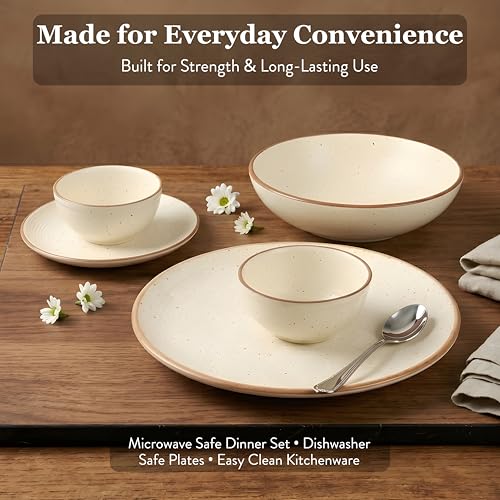 Image of Miah Decor Ceramic Dinner Set- 14-Piece Handmade Stoneware | 4 Bowls, 4 Quarter Plates, 4 Dinner Plates & 2 Serving Bowls | Off White Ribbed Matte Finish | Microwave & Dishwasher Safe | Ideal Gift