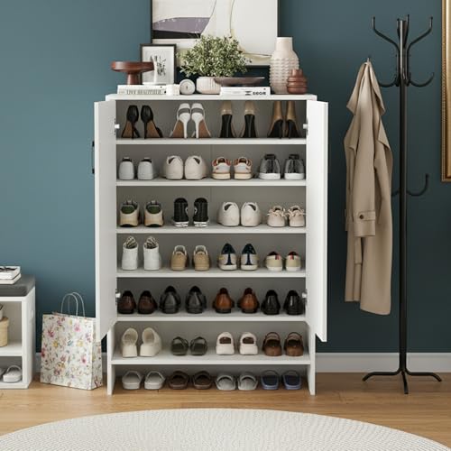 Farini - Farini 7-Tier Shoe Cabinet with Doors, 28 Pairs Hidden Storage Cabinet with Adjustable Shelves, Narrow Shoe Rack for Entryway, Hallway, Living Room,White
