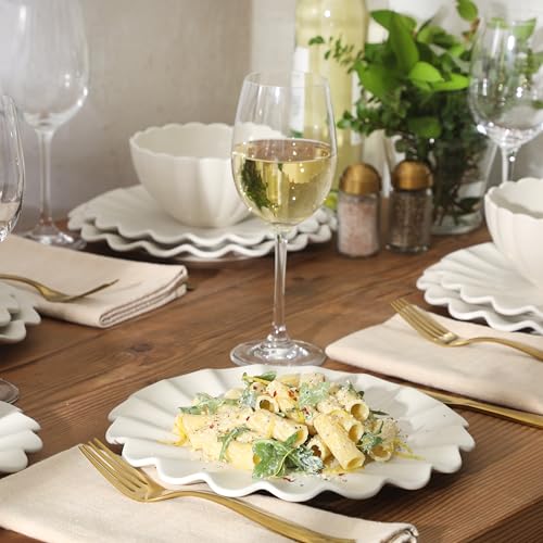 Image of Gibson Elite Bistro Fleur Plates and Bowls Sets, 12-Piece Stoneware Dinnerware Set for 4, Ivory White Scalloped Dish Set with Dinner Plates, Salad Plates & Bowls