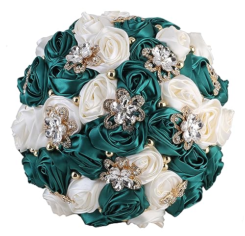 Hmplimue Handmade Bridal Wedding Bouquet Satin Rose Artificial Flower Bouquet for Bride Bridesmaid Holding Toss Round Wedding Bouquets Sparkling Rhinestone Brooch Crystals Pearl Dark Green & Ivory