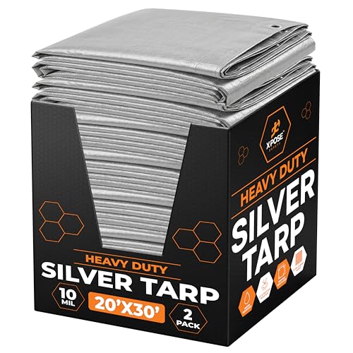 Image of Heavy Duty Poly Tarp - 20' x 30' (2-Pack) - 10 Mil Thick Waterproof, UV Blocking Protective Cover - Reversible Silver and Black - Laminated Coating - Grommets - by Xpose Safety
