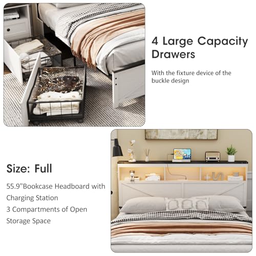 Image of Vabches Farmhouse Full Size Bed Frame with 48 inch Tall Storage Headboard, Wood Bedroom Platform Bed Frame No Box Spring Needed, 4 Storage Drawers Underneath, Adjustable LED Lights, Charging Station