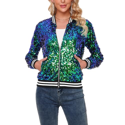 YYPBI Women's Sequin Jacket with Pockets Long Sleeve Front Zipper Metallic Festival Party Bomber Jacket Green M
