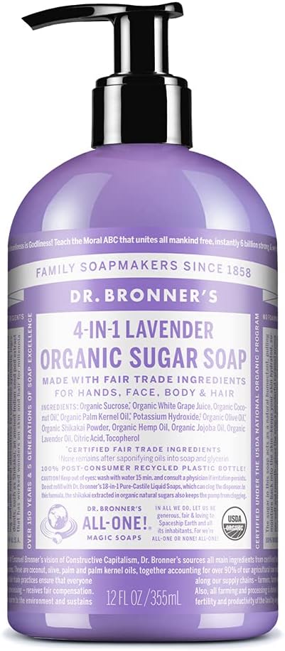 Dr Bronner’s 4-in-1 Organic Lavender Sugar Soap, Made with Organic Oils, Sugar and Shikakai Powder. For Hands, Body, Face & Hair. Fair Trade Certified & Vegan Friendly, 335ml Recycled Pump Bottle