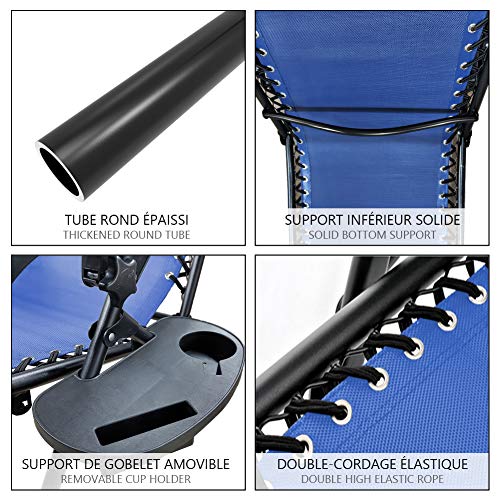 VOUNOT® Set de 2 Tumbona Plegable Multiposicione Jardín, Silla Gravedad Cero Reclinable, con Soporte para Bebidas y Reposacabezas Axtraíble, Carga máxima 120kg, Azul - imagen 5
