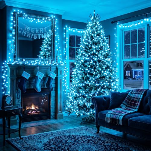 Image of BrizLabs Teal Christmas Lights Outdoor 100 Count 19.7ft Incandescent Christmas Lights Connectable Clear Light String UL Certified Xmas Mini Light Set Green Wire for Indoor Outdoor Tree Holiday Party