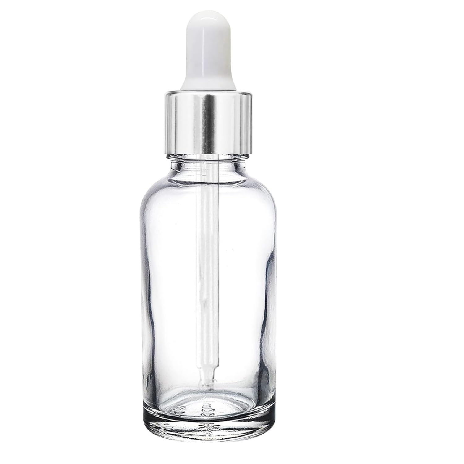 Mkd2 Rise 50 ML Clear/Transparent Round Empty Glass Bottle + Dropper + Silver Ring + Silcon White Teat (Pack of 1) Refillable, Leak Proof For Essential Oils, Perfumes
