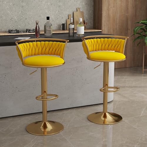 UIXE 360 Swivel Bar Stools Set of 2 Modern Adjustable Counter Height Velvet Bar Chair Gold Metal Stool Comfortable Kitchen Island Dining Chairs with Woven Back & Footrest for Cafe Pub (Yellow)