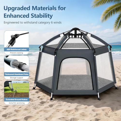 Image of Foldable Baby Playpen with Canopy: Durable 450D Oxford & Aluminum, Gray | Pop-Up Play Tent, Easy Setup, UPF50 Sun Protection, Lightweight, Mosquito Net, for Beach Travel Outside Indoor, for Kid & Pet