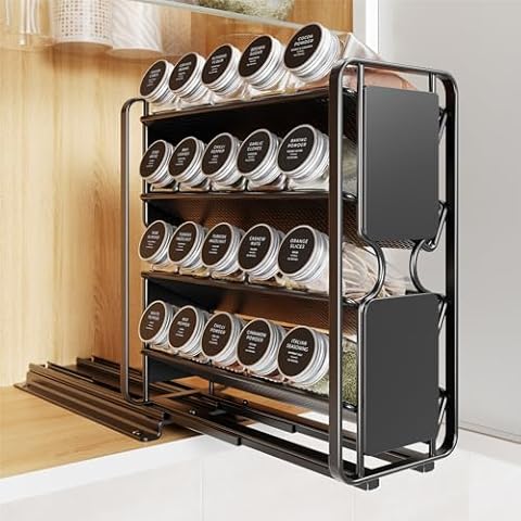 Spice Rack Organizer Drawer Cabinet: Pull Out Spice Seasoning Organization with 20 Jars - Facing Left or Right with Labels and Chalk Maker 4 Tier Slide Out Kitchen Storage for Countertop Wall Mount Cover