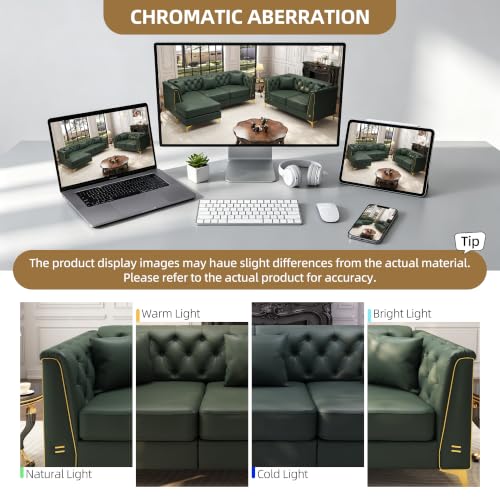 Image of KEIKI 62 inch Faux Leather Chesterfield Sofa with Handmade Button Tufted, Green