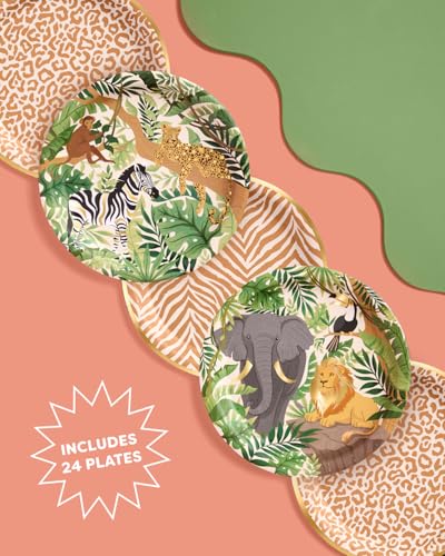 xo, Fetti Animal Print Safari Paper Plates, 4 Designs | 24 pcs 9" | Kids Decorations, Jungle Party Setting, Wild Birthday Decor, Rainforest Tablescape, Zoo Table Decor