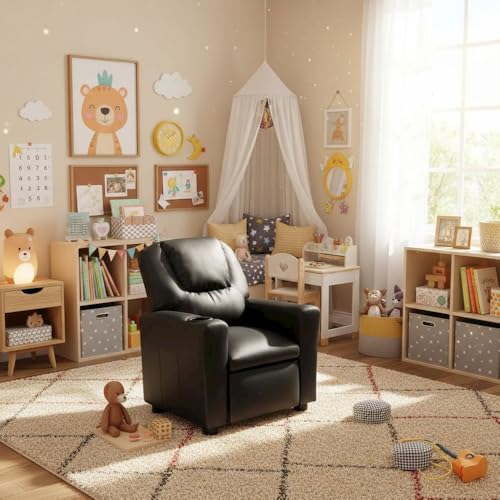 Image of Furnifact Marisa Black PU Leather Youth Recliner with Cupholder for Kids 142 inch Seat Height 14 inch Width 106 inch Depth