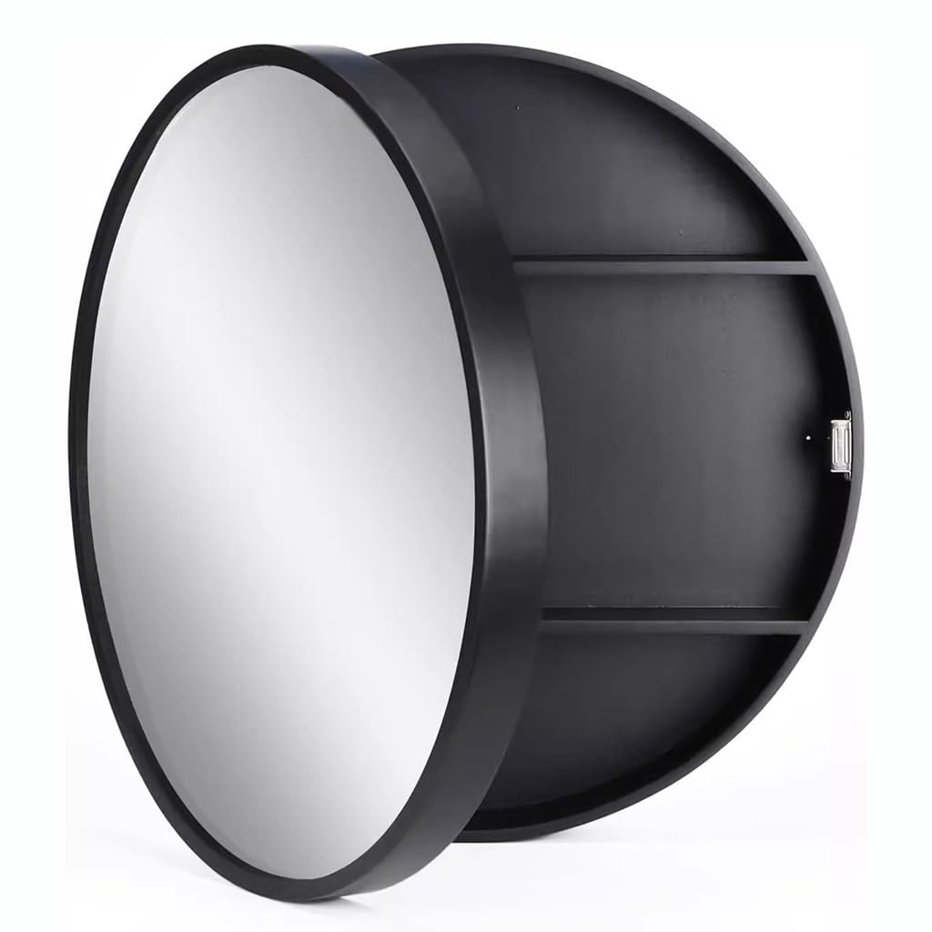 BKSXSOP Illuminated Round Bathroom Mirror Cabinet - 70cm Wall-Mounted Black Vanity Storage with Stylish & Functional for Modern Bathrooms