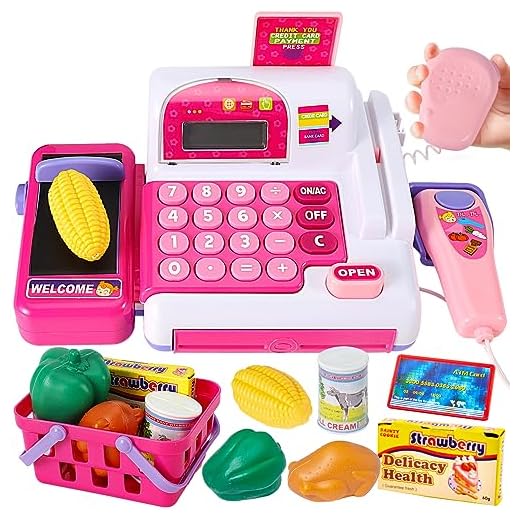 HYAKIDS Grande Caja Registradora Juguetes para Niñas, 36PCS Supermercado Tienda Juguetes con Escáner Calculadora Comida, Juego de rol Regalo para Niños Niñas 3 4 5 Años