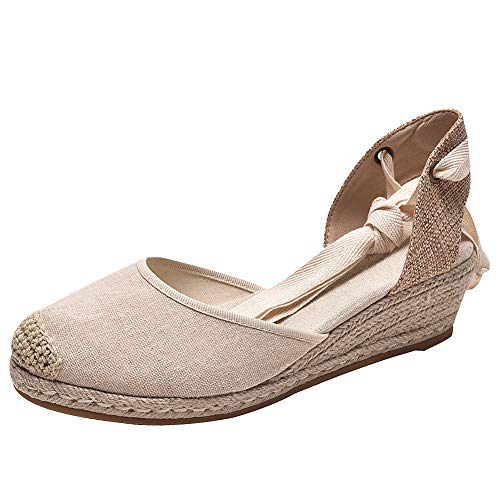 rismart Mujer Alpargatas Tacon Sandalias Medio Cuña Tiras Mezclilla Zapatos Verano SN02714(Almendra,38 EU)