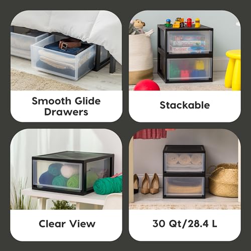 Image of IRIS USA 30 Qt. Plastic Drawer Storage Organizer Stacking Drawers, 2-Pack, Stackable Unit with Sliding Drawer for Clothes Bedroom Kitchen Under Sink Pantry Craft Room Bathroom Dorm Office, Black