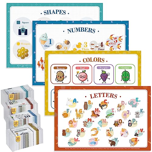 Image of Disposable Placemats for Baby - 40 Pack Sticky Toddler Mats for Restaurants, Dining Table, Party, Travel - With Letters, Numbers, Shapes, Colors - Fun and Learning for Kids 12"x18"