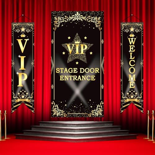 3 Pcs VIP Party Decorations VIP Stage Door Entrance Movie Night Banner Porch Sign Star Stage Door Porch Banner Theme Doors Cover for Movie Night Music Award Party Supplies