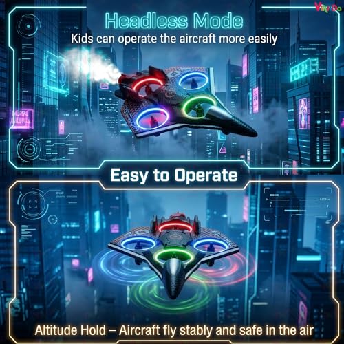Image of VikriDA RC Fighter Jet Airplane with LED Lights and Smoke Effects - 360 Flip Stunt Flying Toy, Remote Control Aircraft for Kids & Boys