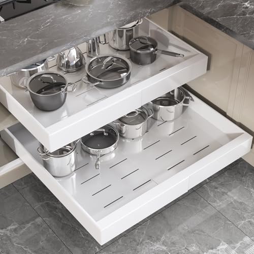 Seinloes 2 Pack Pull Out Cabinet Organizer 24' Deep,Full Extension 3 Slide Rails Slide Out Drawers With Raising Pad for Framed Cabinets,Expandable Width (15.4'-26.2'),No Drill Roll Out shelf,White