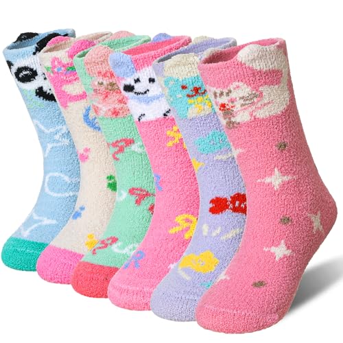 Image of Eyean Kids Fuzzy Socks Non Slip Soft Fluffy Slipper Grips Socks Warm Plush Cozy Cabin Boy Girls Crew Socks 6 Pairs
