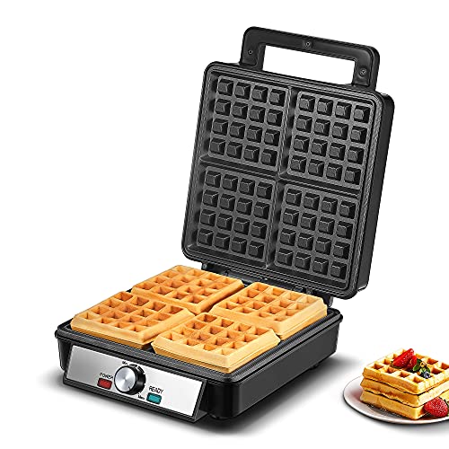 Waffle Maker 4 Slices Square Belgian Waffle Machine Iron with Non-Stick Surfaces, Anti-Overflow, Adjustable Temperature, Stainless Steel Construction, LED Indicator, 1200W, Black/Silver Waffle Maker 4 Slices Square Belgian Waffle Machine Iron with Non-Stick Surfaces, Anti-Overflow, Adjustable Temperature, Stainless Steel Construction, LED Indicator, 1200W, Black/Silver