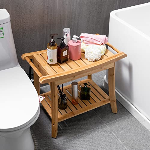 Forevich-Bamboo-Shower-Bench-Stool-with-Storage-Shelf-Waterproof-Shower-Chair-Spa-Bath-Seat-Excellent-for-Indoor-Use-Natural