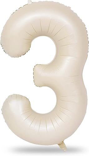 Globos beige de 40 pulgadas con números grandes 3, globos de helio de dígito 3 de color blanco marfil autoinflables para terceras niñas, globos de