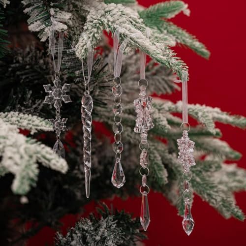 Set di 18 ornamenti in cristallo acrilico con fiocchi di neve e ghiaccioli per decorazioni per albero di Natale, uso interno ed esterno (rosa)