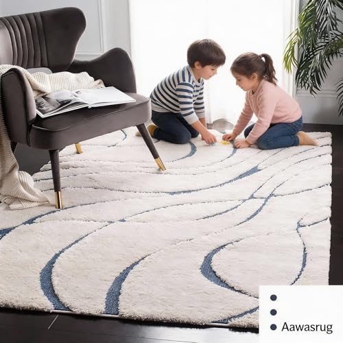 Image of Carpet for Hallway, Kitchen, and Modern Interiors, Cozy Shag Runner for Living Room, Entryway & Office Decor Size 3x5 feet Blue O Cut