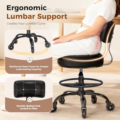 Image of Office Drafting Chair with Footrest, Tall Height Adjustable Stool with Back Support, Heavy Duty Rolling Stool Chair with Wheels for Office Home Kitchen Bar Shop Guitar Studio Vanity, Black