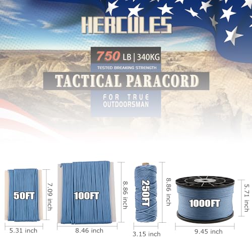 HERCULES 750lb Paracord 4mm 11 Strands Tactical Parachute Cord, 50' 100' 250' 1000' Utility Rope for Camping, Survival, Outdoor Gear (Blue Grey, 100FT) - Image 3