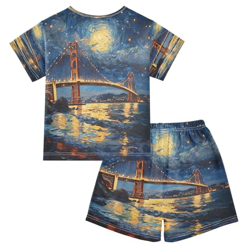 ALAZA Van Gogh Starry Sky Bridge Pajamas Set Short Sleeve Cotton Sleepwear Summer Pjs 2 Piece 5-14Y2