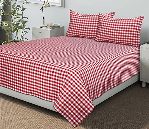 Image of AIRWILL 200GSM Handloom Cotton Double Bedsheet with 2 Pillow Covers (Gingham Check Red) - 92 x 104 Inch