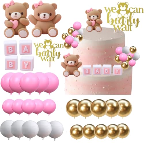ALISSAR 32Pcs Bear Cake Toppers for Baby Shower with Balls, We Can Bearly Wait Cake Topper, Bear Baby Shower Decorations (pink) by ALISSAR - Used condition - US$14.36