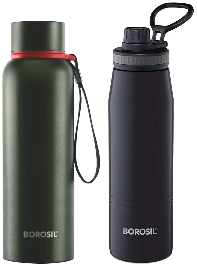 Image of Borosil - Stainless Steel Hydra Trek - Vacuum Insulated Flask Water Bottle, 850 ML, Green & - Stainless Steel Hydra Gosports - Vacuum Insulated Flask Water Bottle, 600 ML, Black
