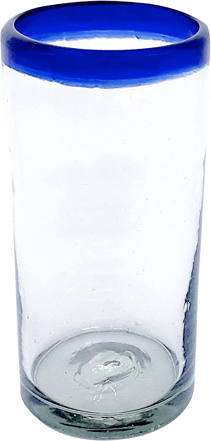 Cobalt Blue Rim 595 ml wysokie kieliszki do mrożonej herbaty, zestaw 6 sztuk, meksykańskie ręcznie wykonane szkło, szkło z recyklingu, bez ołowiu i toksyn (wysoka mrożona herbata)