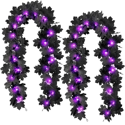 Image of Black Leaf Garland with Purple Lights, 2 Pack Halloween Artificial Hanging Fall Leave Vines with 20 LED, Fall Floral Garlands Thanksgiving Decor for Home Wedding Party (11.8FT)