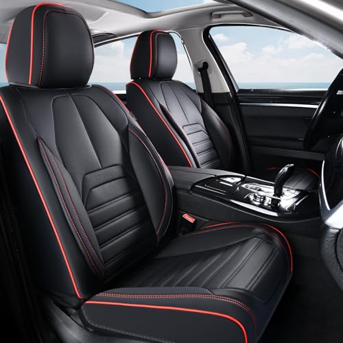 Image of Coverado Car Seat Covers Full Set, Black Redline Seat Covers for Cars, Automotive Seat Covers, Waterproof Nappa Leather Front Seats and Back Car Seat Protector, Universal Fit for Most Cars SUV Trucks
