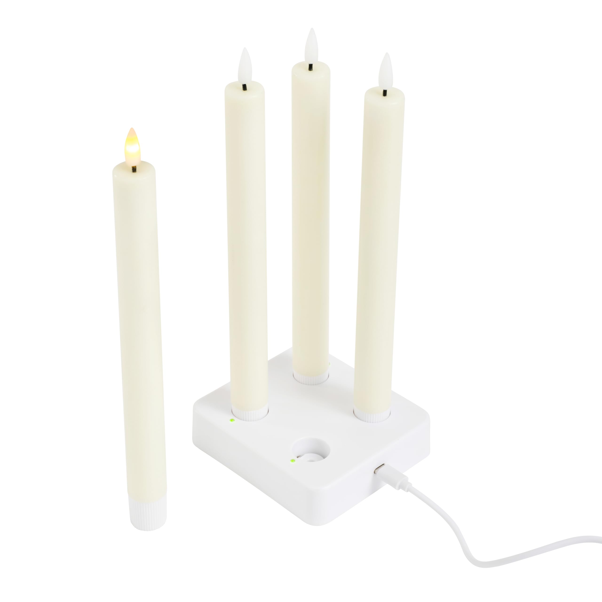 Lights4fun TruGlow® Set di 4 Candele Affusolate LED Ricaricabili Senza Fiamma a LED Bianco Caldo a Pile in Vera Cera con Timer e Telecomando Decorazione per Interni