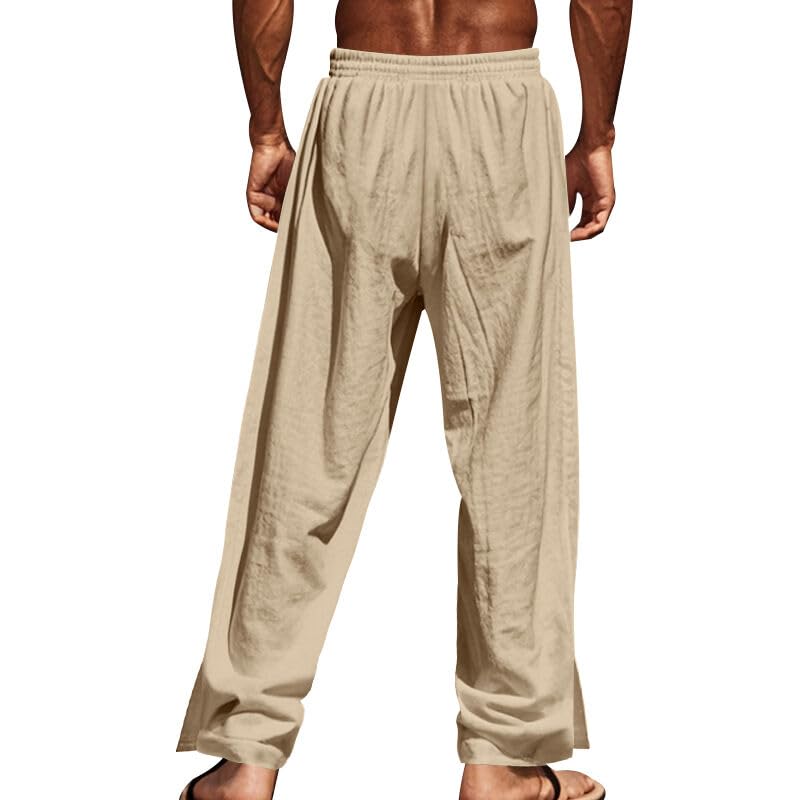 ZOCANIA Linen Pants for Men Drawstring Elastic Waist Casual Beach Pants Button Decor Straight Leg Baggy Athletic Trousers4
