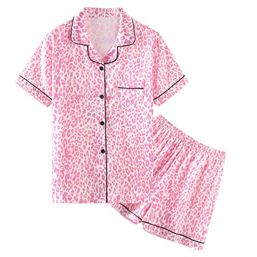 Umeyda Girls Silk Satin Pajamas Set Cute Sleepwear Button Down Short Sleeve Lounge Shorts Set for...