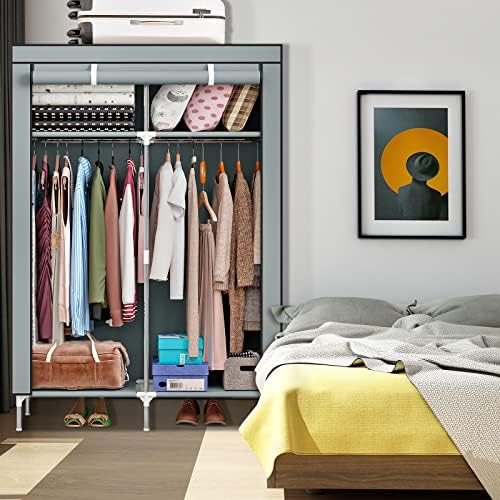 QLFJ-FurDec Fabric Canvas Portable Wardrobe, Premium Fabric Foldable Closet with 2 Hanging Rail, Shelves and Zips, Upgrade Clothes Storage Organiser for Kids Bedroom, 90 * 46 * 168cm (Silver)